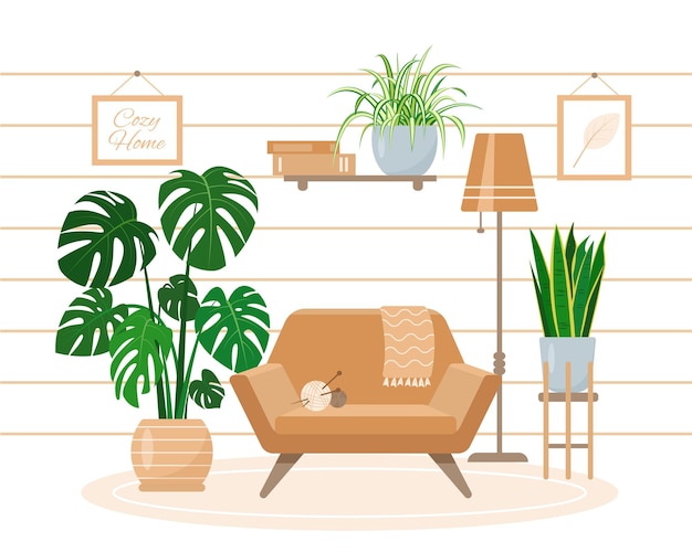 Vector cozy living room interior with homeplants and furniture in trendy scandic hygge style