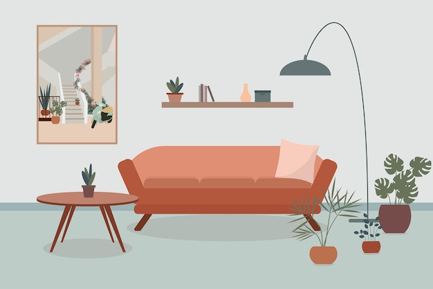 Vector cozy living room interior with sofa lamp table potted plants and a large painting on the wall