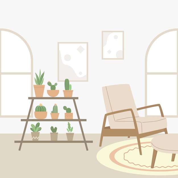 Vector cozy living room with plant