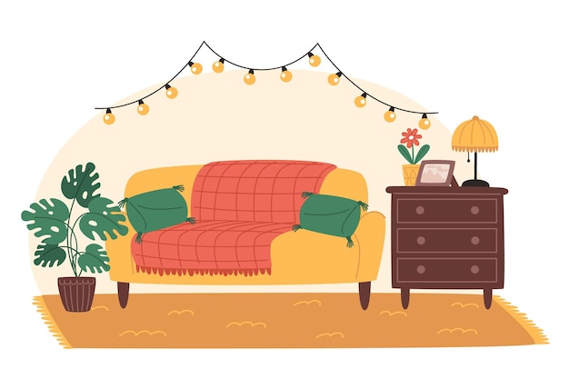 Vector cozy living room with sofa and potted plants decorated with garland with light bulbs in flat style