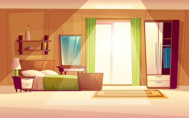 уютная современная спальня, гостиная с двуспальной кроватью, книжная полка