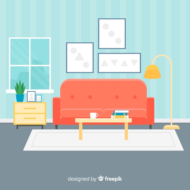 Vector cozy and modern living room with flat design