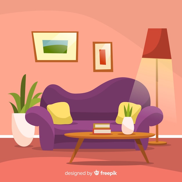 Vector cozy and modern living room with flat design