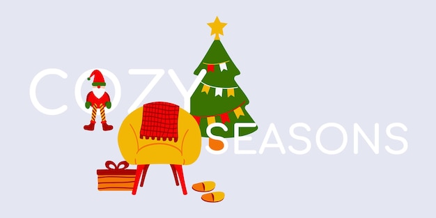 Cozy New Year's interior. Minimalist armchair with plaid, slippers, gift, Christmas tree.Cozy Season