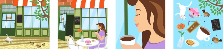 Vector cozy outdoor cafe artwork square banner set showcasing serene summer moment with woman sipping