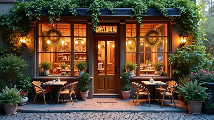 Vector cozy outdoor scene of a quaint cafe with plants
