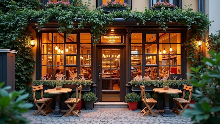 Vector cozy outdoor scene of a quaint cafe with plants