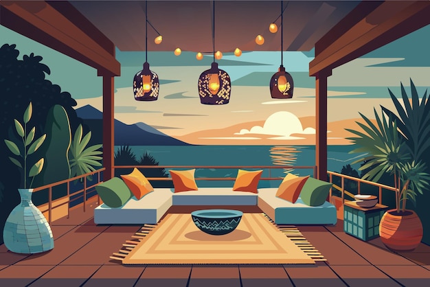 Вектор Уютная открытая терраса с живописным видом на закат над океаном с низким квадратным центральным столом, окруженным мягкими диванами, декоративными фонарями, висящими сверху