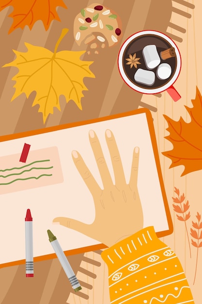 Vector cozy romantic concept with creative notebook, hot drink, cookies, girl hand, autumn red leaves