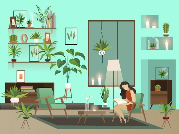 Vector cozy room.  night living room with woman reading