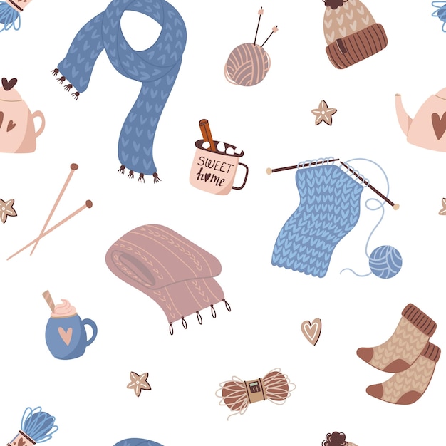 Vector cozy seamless pattern in hygge style with knitting and coffee with marshmallows vector