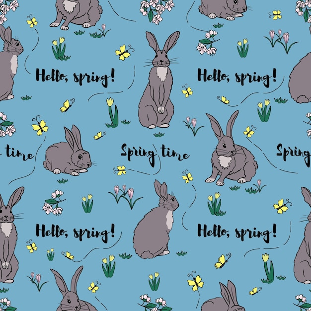 Cozy seamless pattern with hand drawn cartoon rabbit in different position with spring flowers