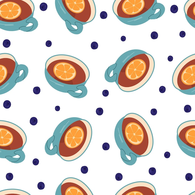 Cozy seamless pattern with tea and berries. Cute background for textiles, wrapping paper.Vector hand drawn cartoon illustration.