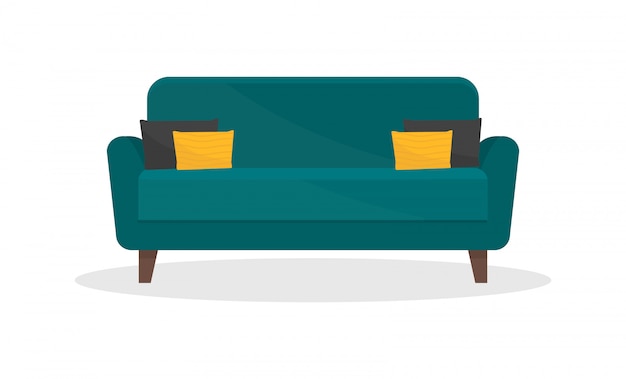 黒と黄色の枕を備えた居心地の良いソファ。快適なソファ。居間の家具。