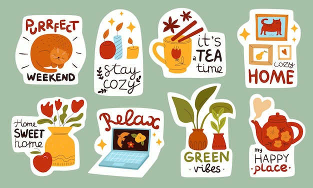 Cozy stickers Hygge home elements Little items compositions with funny text Cup and teapot Everyday things emblems Hot drink and houseplants Aroma candles Vector doodle style set
