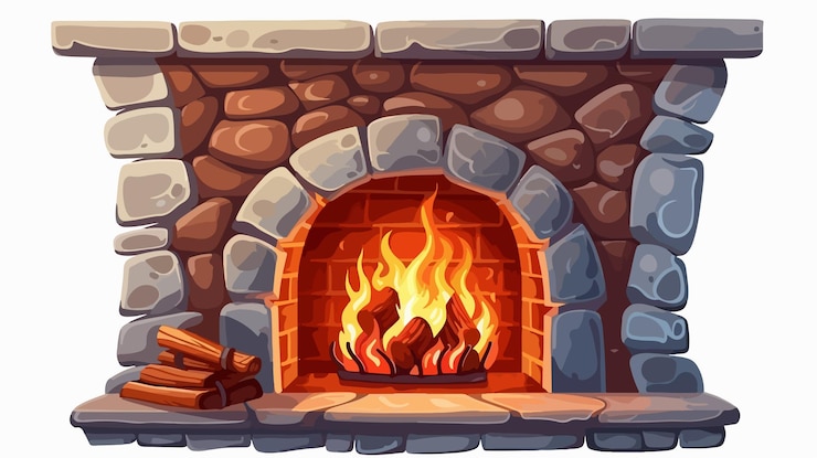 Vector cozy stone fireplace with burning fire warm home decor
