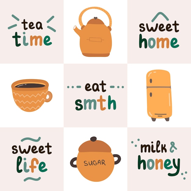 Vector cozy sweet home set with vector hand drawn illustrations with textures and lovely lettering slogans