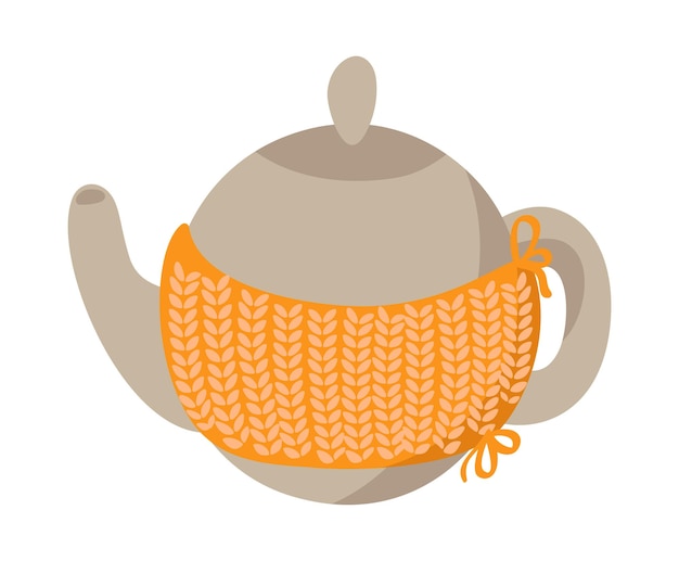 Cozy Teapot with hand made knitted cover flat vector illustration Autumn element for Thanksgiving Day greeting card web design