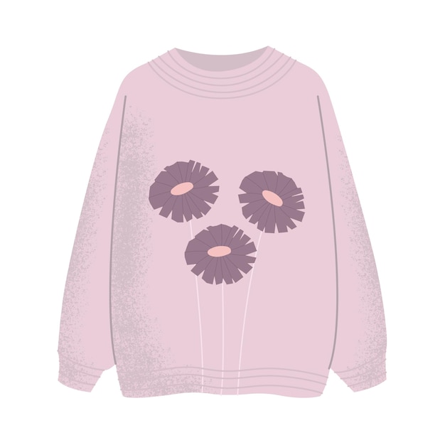 A cozy warm purple sweater with flowers Women's knitted warm clothes on a white background