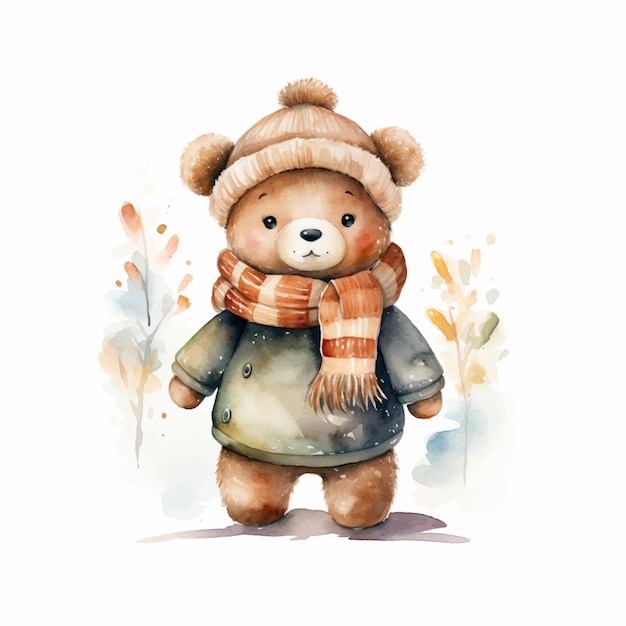 Cozy Watercolor Teddy Bear in Hat and Scarf Adorable Illustration Brimming with Warmth and Cuteness