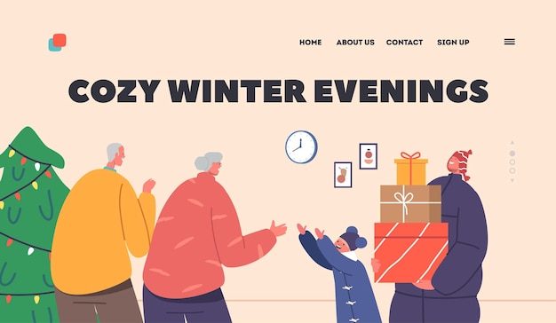 Vector cozy winter evenings landing page template happy mother with daughter visit grandparents for christmas holiday
