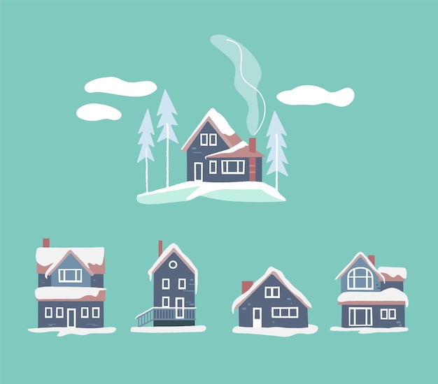 Cozy winter houses set covered with snow lifestyle vector illustration snowy landscape