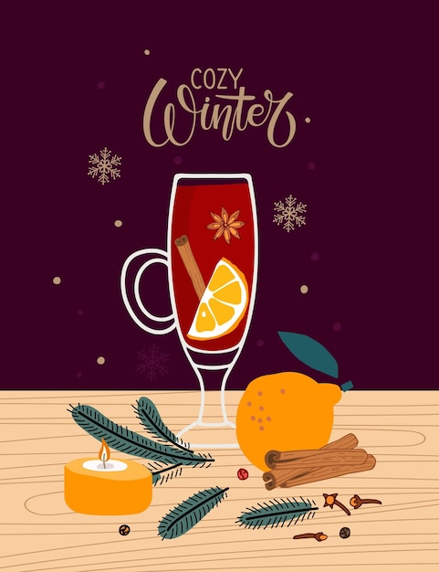 Vector cozy winter. mulled wine glass on wooden table. winter hot wine drink with spices isolated for menu