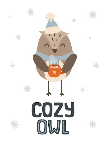 Cozy winter owl with mug of cocoa poster print for wall art apparel card textile fabric nursery