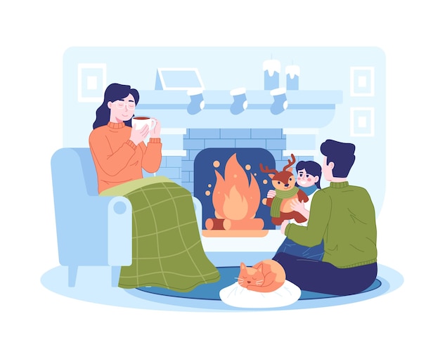 Vector cozy winter scene with a fireplace