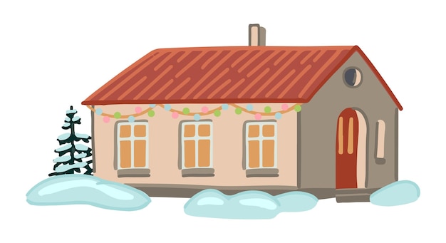 Vector cozy winter time house doodle of snowcovered country scene cartoon vector illustration contemporary clip art isolated on white