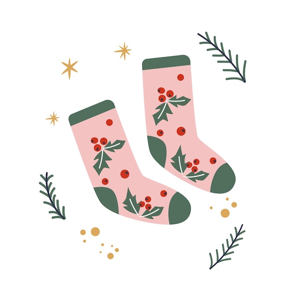 Cozy winter warm socks Christmas and Happy New Year illustration Vector winter hand drawn socks Isolated vector element