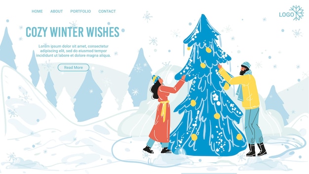 Vector cozy winter wishes landing page with couple decorating tree