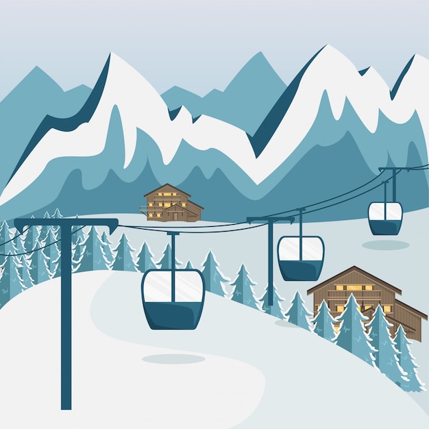 Вектор Уютное деревянное шале в горах. горный пейзаж. плоский стиль лыжный курорт.