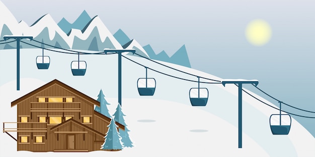 Уютное деревянное шале в горах. горный пейзаж. плоский стиль лыжный курорт.