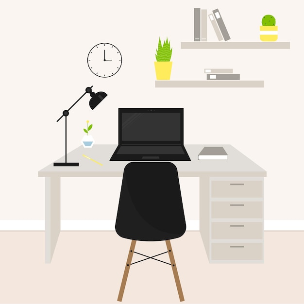 Cozy workplace at homeVector flat modern minimalistic workplace with desklaptopplantsdesk lamp