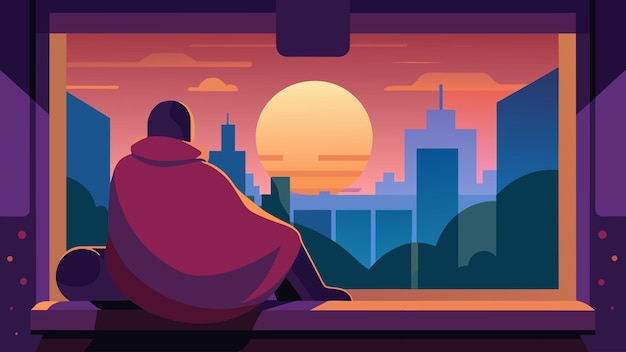 Vector cozying up in a warm blanket on a window seat watching the sun set over the city skyline after a