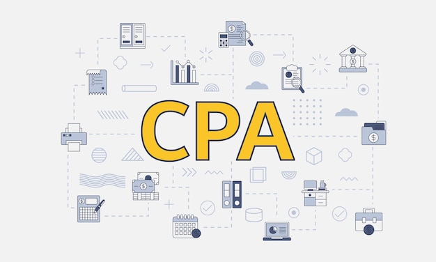 Концепция сертифицированного бухгалтера cpa с набором значков с большим словом или текстом на центральной векторной иллюстрации