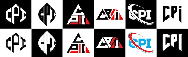 6 つのスタイルの CPI 文字ロゴ デザイン CPI 多角形、円、三角形、六角形のフラットでシンプルなスタイルで、黒と白のカラー バリエーションの文字ロゴが 1 つのアートボードに設定されています CPI ミニマリストとクラシックなロゴ