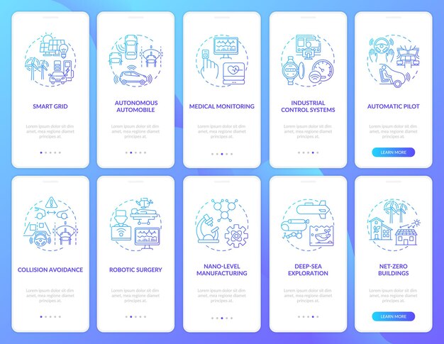 CPS implementation onboarding mobile app page screen with concepts set. Med monitoring, net-zero building walkthrough 5 steps  UI  template with RGB color illustrations