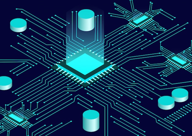 CPU chip and circuit board isometric background