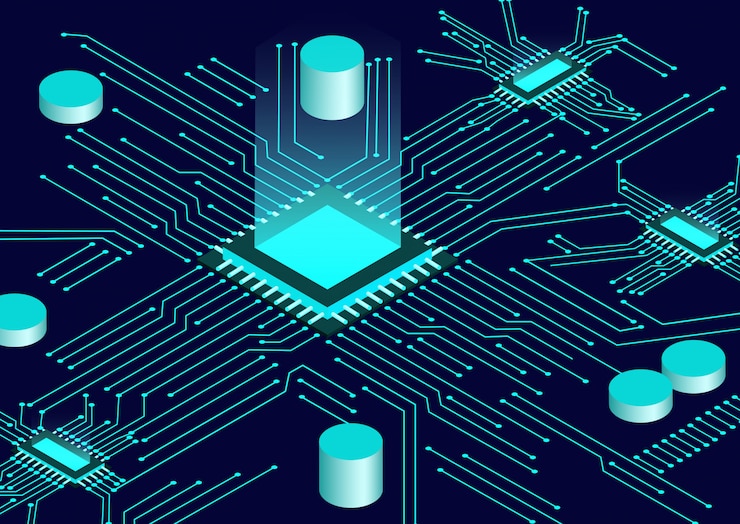 Vector cpu chip and circuit board isometric background