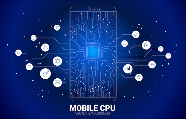 CPU 도트 연결 선 회로 보드 스타일 휴대 전화 아이콘.