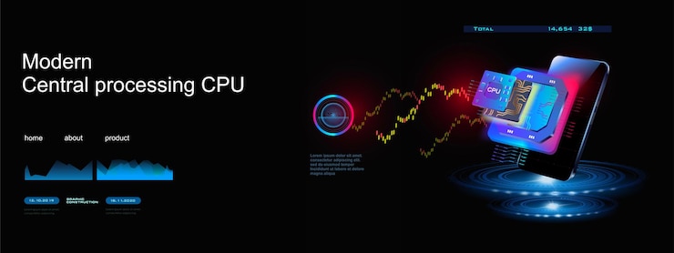Vector cpu new generation computer processor process of processing system files and calculating streaming information processor on futuristic background with mobile phone