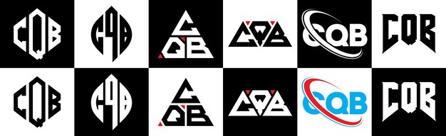 Cqbの6つのスタイルの文字ロゴデザイン cqbの多角形の円の三角形の六角形の平らでシンプルなスタイルで黒と白の色のバリエーション文字ロゴが1つのアートボードにセットされています cqbのミニマリストとクラシックなロゴ