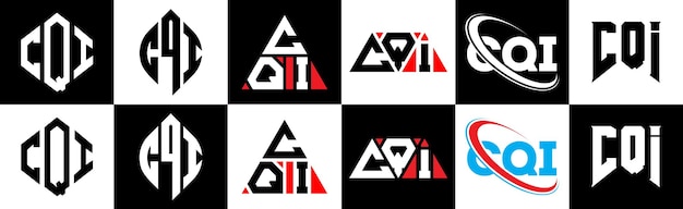 6가지 스타일의 Cqi 문자 로고 디자인 Cqi 다각형 원 삼각형 육각형 평평하고 간단한 스타일의 검은색과  ⁇ 색 색상 변형 문자 로고가 하나의 아트보드에 설정되어 있습니다 Cqi 미니멀리즘과 클래식 로고