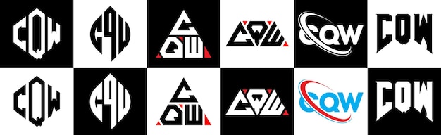 CQW letter logo ontwerp in zes stijl CQW veelhoek cirkel driehoek zeshoek platte en eenvoudige stijl met zwart en wit kleur variatie letter logo set in één artboard CQW minimalistische en klassieke logo