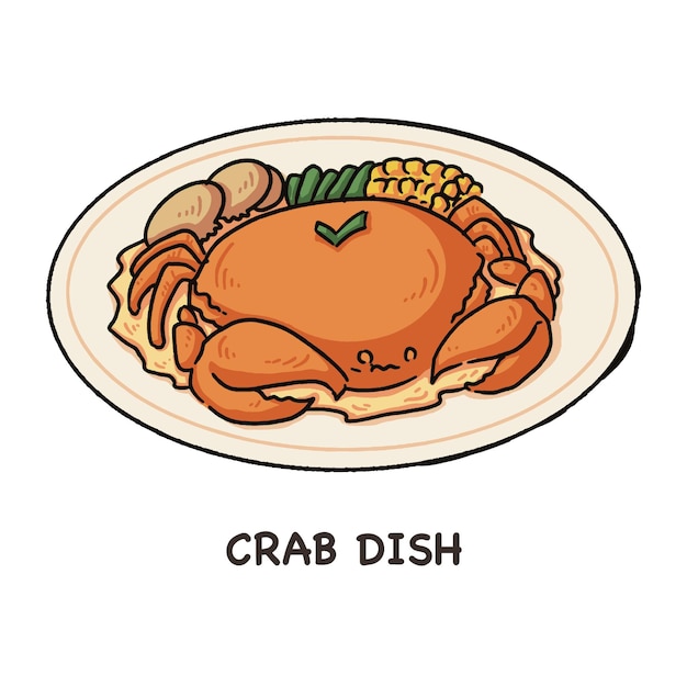 Vector crab dish seafood delicious in handdrawn cartoon simple illustration style