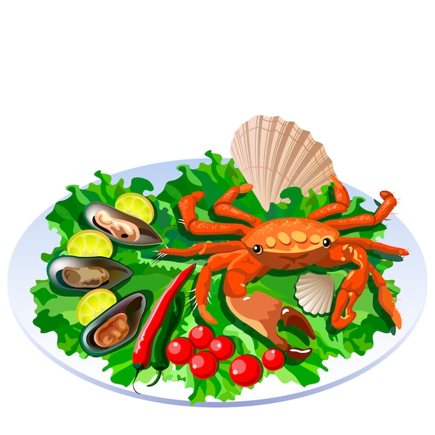 Vector crab in the dish with salad tomatos and molluscs with lemon slices