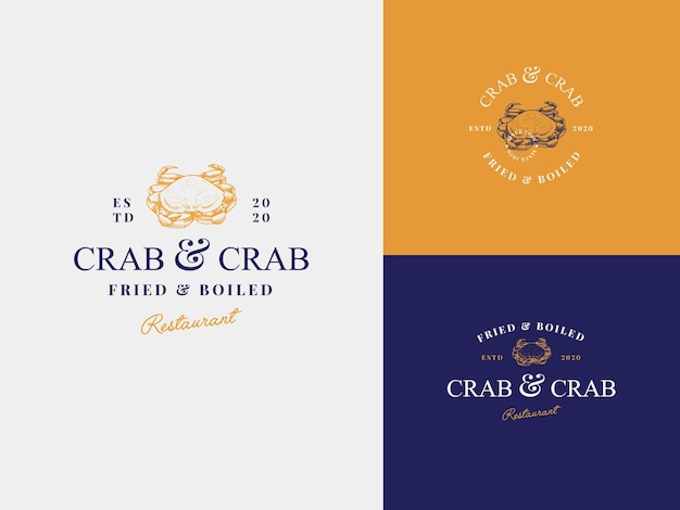 Crab seafood Hand Draw Logo Template with Premium Vintage Typography