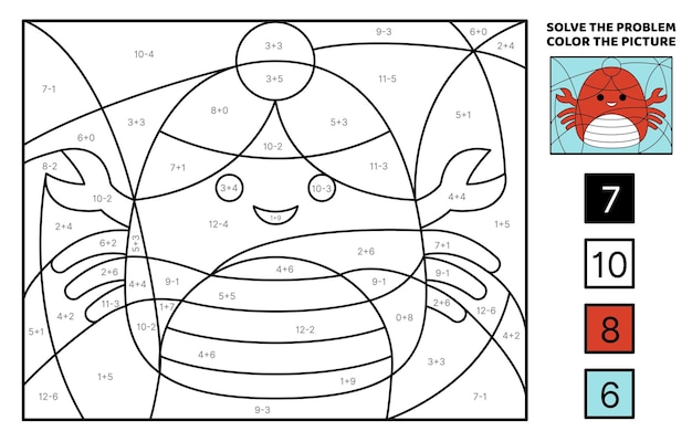 Crab Solve the problem color the picture Addition Subtraction Coloring book Vector